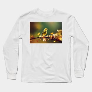 Cute tiny yellow bird on a branch Long Sleeve T-Shirt